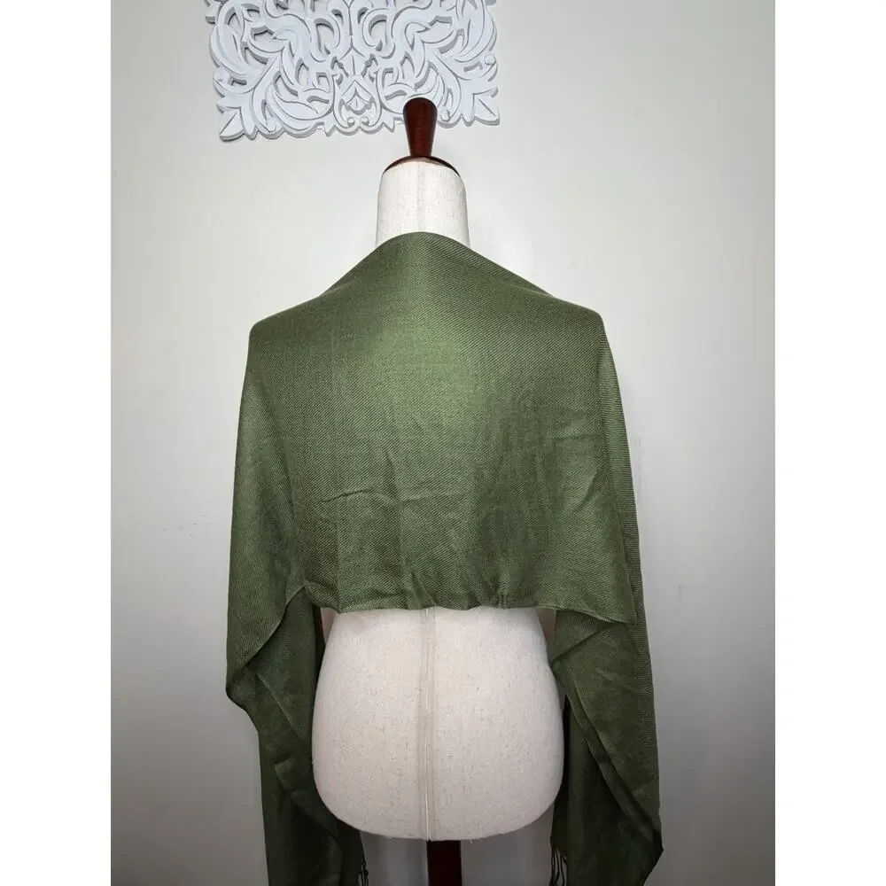Olive Green Twill Scarf Long Rectangle Wrap Shawl Fringe Solid Green 80